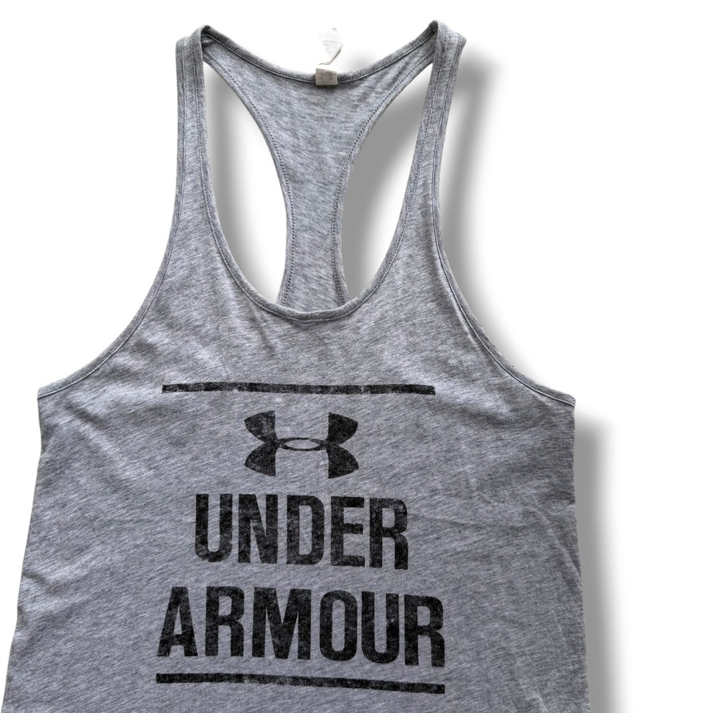 Under Armour HeatGear Women XS Gray Distressed Logo Loose Fit Racerback Tank Top